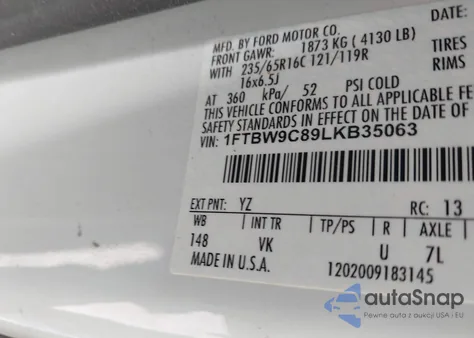 2020 Ford Transit-350 z USA, uszkodzony, nr VIN 1FTBW9C89LKB35063